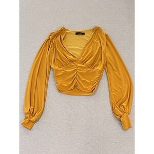 Mustard Yellow Ruched Crop Top Long Sleeve Deep V Chic Chico's Small